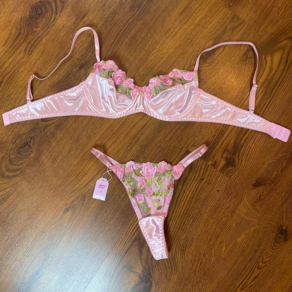 🎀🌷 Ethereal Pink Satin & Sheer Floral Embroidery Lace 2 Pc Lingerie Set 🌷🎀 NWT - Picture 12 of 13